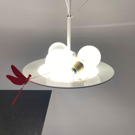 Ingo Maurer LED La Festa delle Farfalle white pendant light with butterflies and a dragonfly on a porcelain plate.
