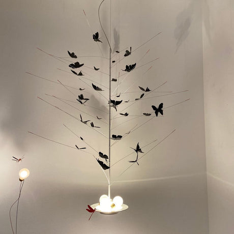 Ingo Maurer LED La Festa delle Farfalle white pendant light with butterflies and a dragonfly, stylish lighting.