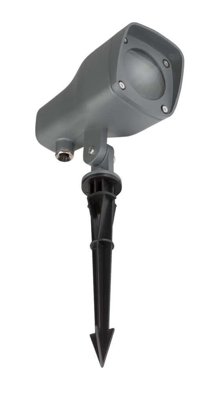 Indvendig udendørs spids lys firkant GU10 Mørkegrå IP54 med sort jordspyd og elegant design.