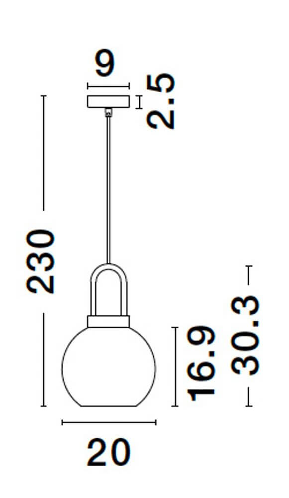 Technische Zeichnung der Irvine Pendelleuchte Ø 20cm Gold, Transparent mit Dimensionalen.