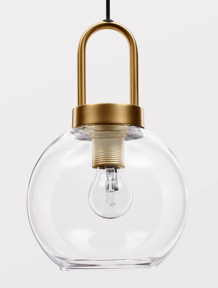 Irvine Pendelleuchte Ø 20cm Gold, Transparent, moderne Innenleuchte mit goldenem Metall und transparentem Glas.