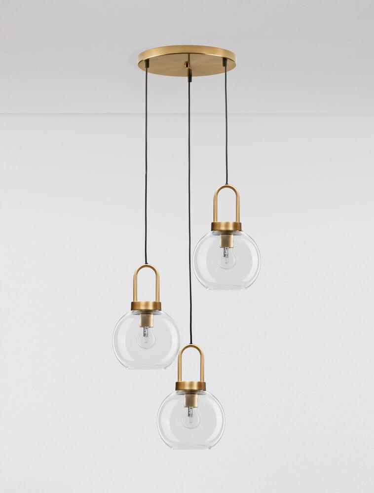 Irvine Pendelleuchte 3-flammig Ø 30cm Gold, Transparent mit drei Glaskugeln und goldenen Aufhängungen