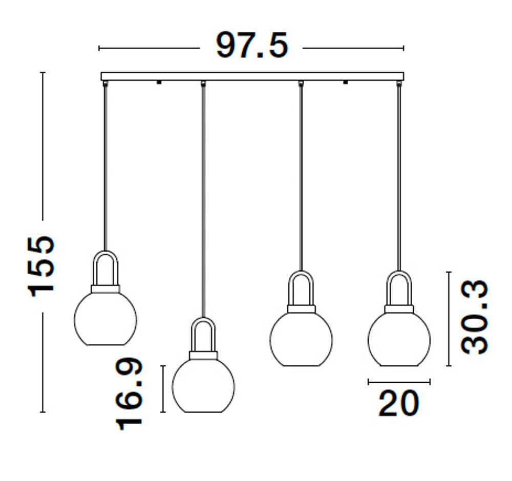 Technische Zeichnung der Irvine Pendelleuchte Balken 97,5cm 4-flammig Gold, Transparent mit Maßen.