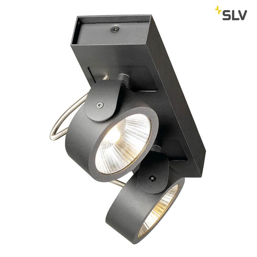 Kalu LED 2 Wand- & Deckenleuchte Schwarz 3000K mit zwei drehbaren Leuchtenköpfen in mattem Schwarz.