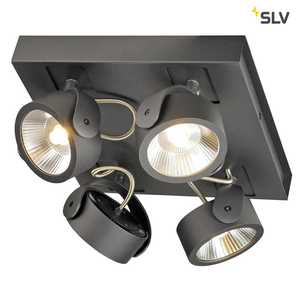 Kalu LED 4 Wand- & Deckenleuchte Square Schwarz 3000K mit dimmbaren Hochleistungs-LEDs und flexiblem Leuchtenkopf.