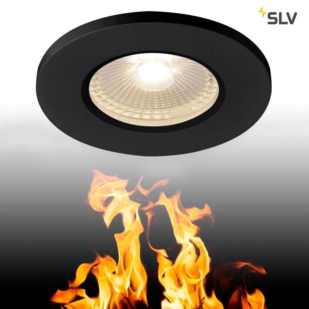 Kamuela Eco LED Fire-Rated Deckeneinbauleuchte Schwarz 3000K IP65 mit feuerfestem Design.