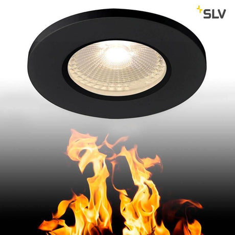 Kamuela Eco LED Fire-Rated recessed ceiling light black 3000K IP65 with fire-resistant design.