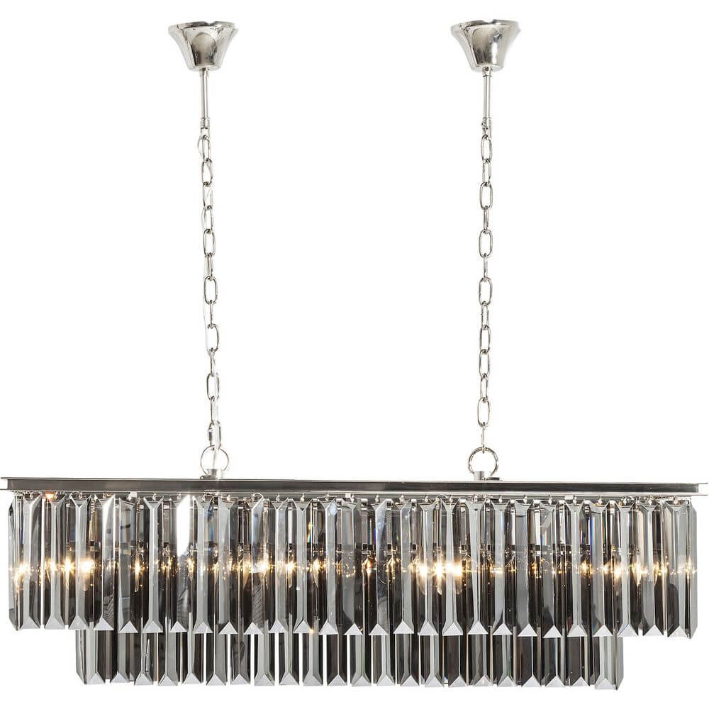 Hängeleuchte Smoky Lounge Rectan mit rauchgrauen Glaskristallen und silberfarbenem Rahmen.