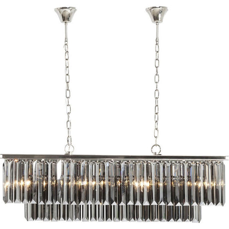 Hängeleuchte Smoky Lounge Rectan mit rauchgrauen Glaskristallen und silberfarbenem Rahmen.