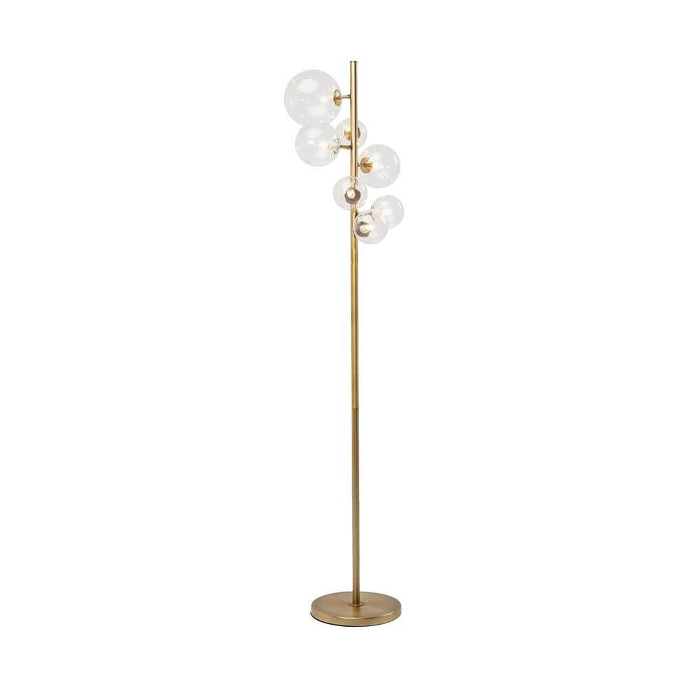 Stehleuchte Bello Sette mit sieben gläsernen Kugeln und elegantem goldenen Fuß, für sanftes Licht in jedem Raum.