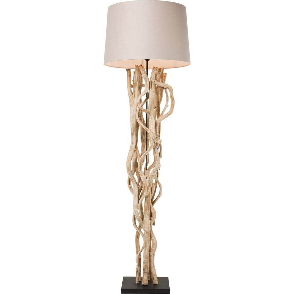 Stehleuchte Scultra aus Akazienholz mit elegantem Cremeton Lampenschirm für stimmungsvolles Licht.