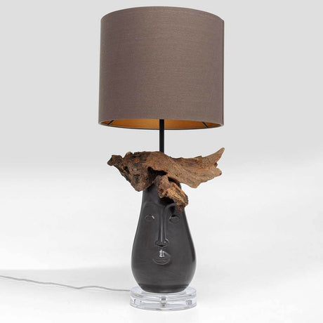 Tischleuchte Nature Face mit einzigartigem Gesichtslampenfuß und natürlichem Holzdesign.