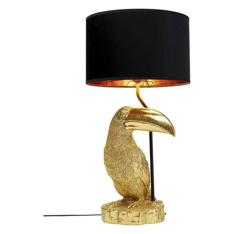 Tischleuchte Toucan Goldfarben mit schwarzem Lampenschirm und goldfarbenem Tukansockel.