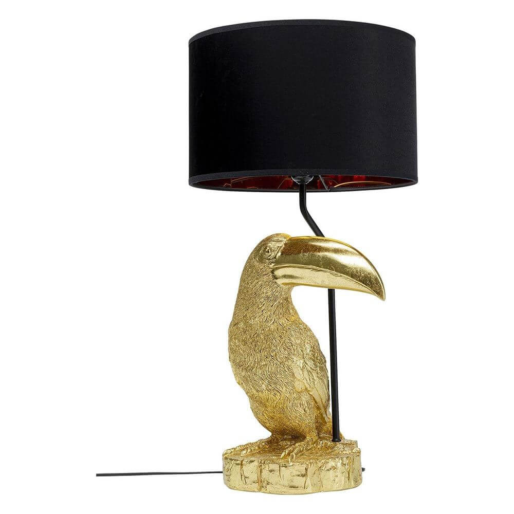 Tischleuchte Toucan Goldfarben mit einem goldfarbenen Tukanfuß und schwarzem Lampenschirm für elegantes Design.