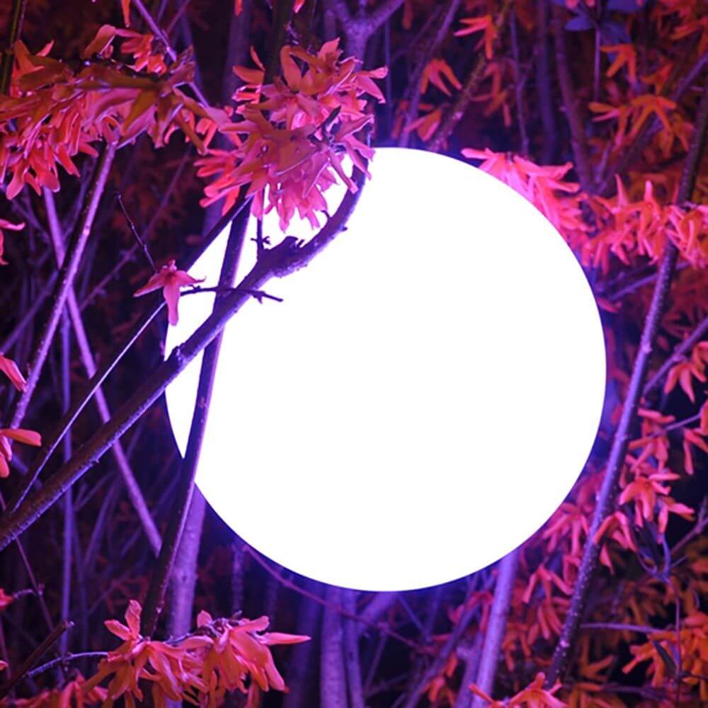 Lampe d'extérieur LED sans fil Pearl avec contrôle par application, dans une atmosphère lumineuse entre les branches avec des feuilles colorées.