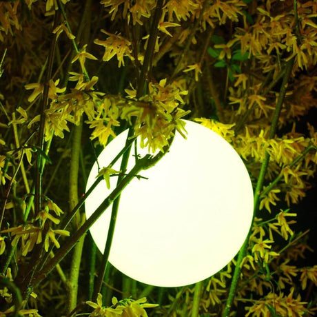 Lampada outdoor senza fili LED Pearl con controllo tramite app tra piante in fiore, crea un’illuminazione suggestiva per l’esterno.
