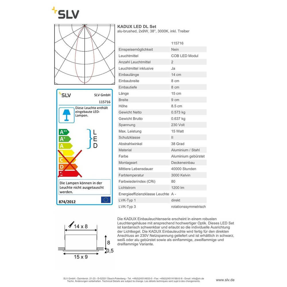 Kadux LED Double DL Set Alu-Gebürstet 38° 3000K inkl. Treiber technische Spezifikationen und Informationen