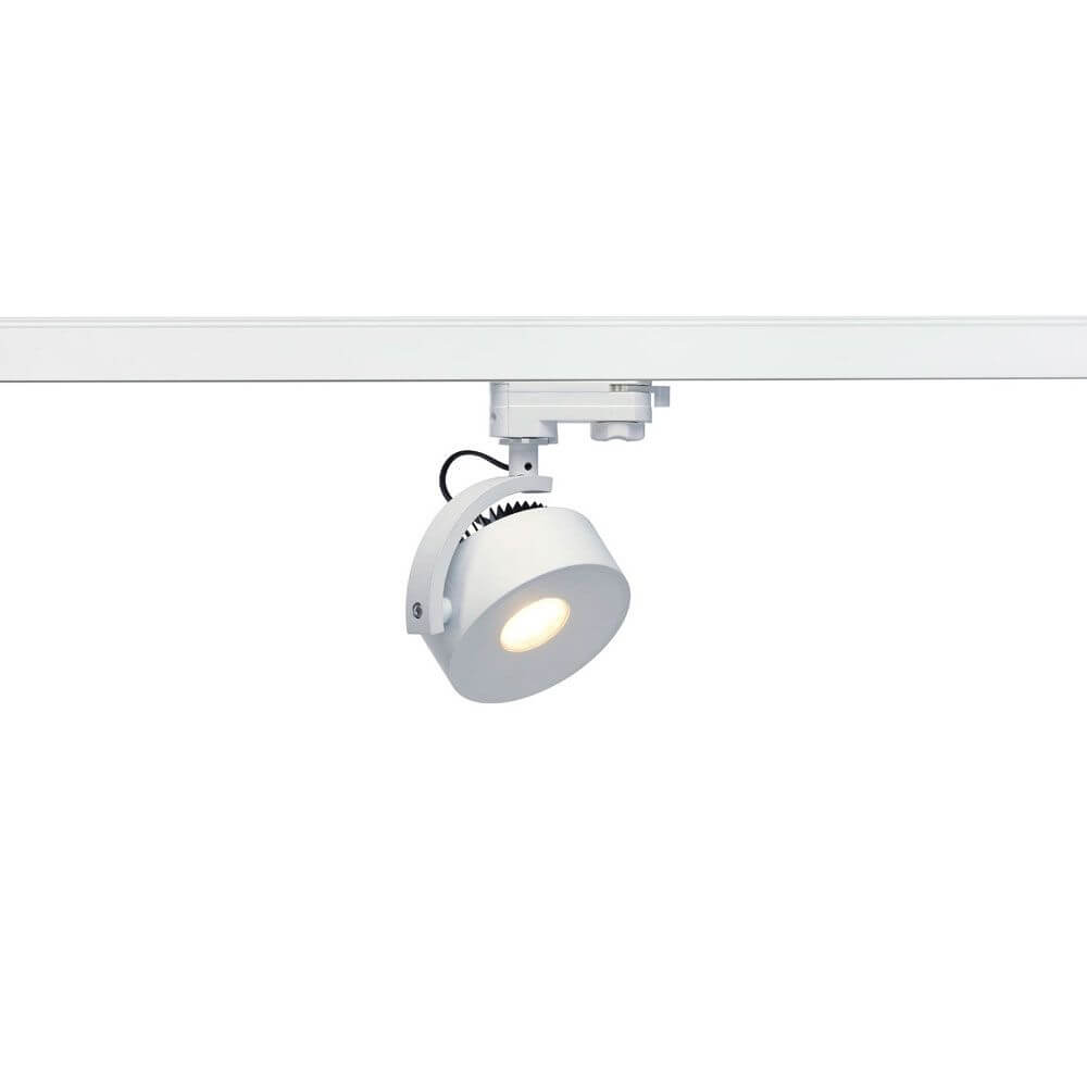 Kalu Track LED Pro Leuchtenkopf inkl. 3P.-Adapter 3000K Weiß montiert an einem 3Phasen Hochvolt-Schienen-System.