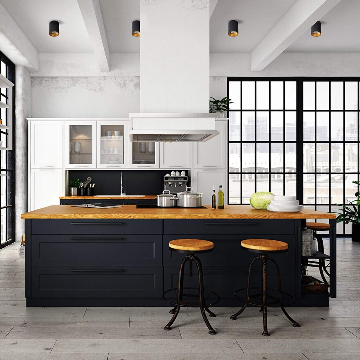 Moderne Küche mit Deckenspot GU10 Ø 8,5cm Riti Schwarz, Goldfarben über Kochen und Barbereich.