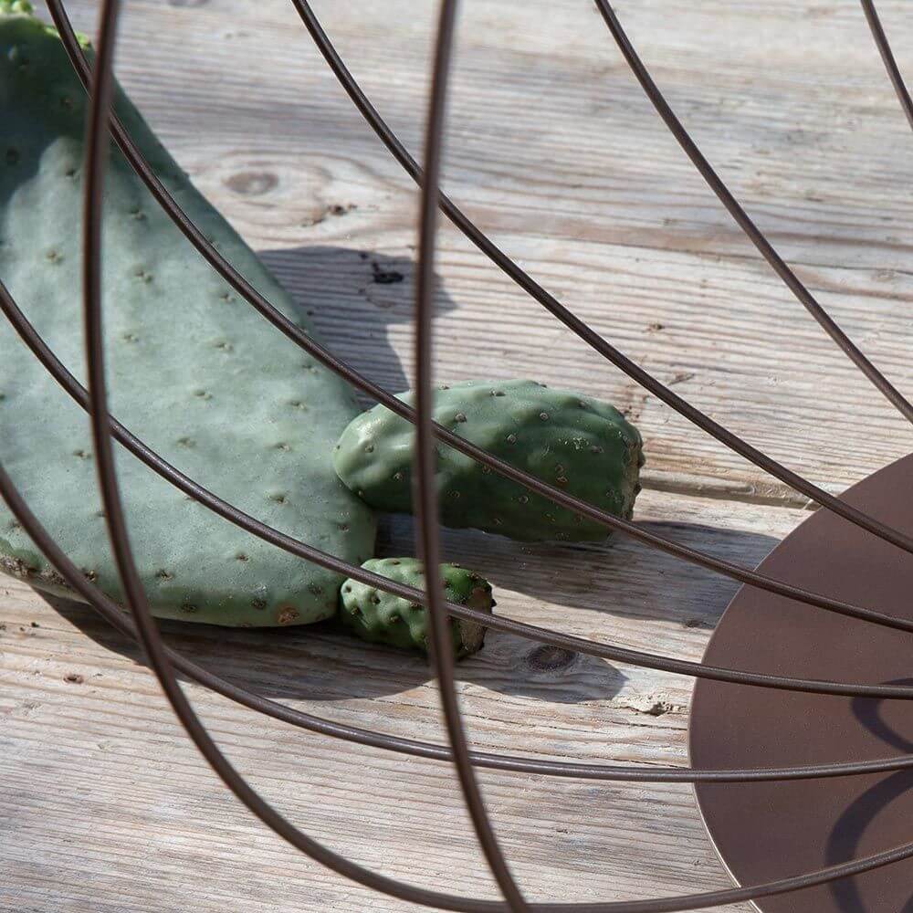Detailaufnahme der Karman Cell Bodenlampe mit Drahtgestänge und Kaktus auf Holzoberfläche.