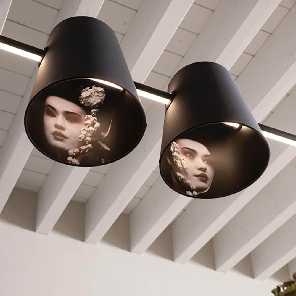 Karman Cupido LED Balkenleuchte Tunable via App mit kunstvollem Lampenschirm und asiatischen Motiven.