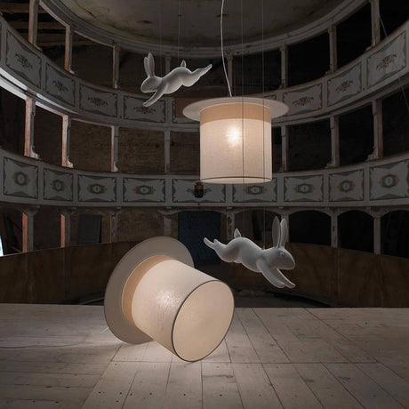 Karman WOW cylinder pendant light for Silvan rabbits in a creative room design with floating rabbits.