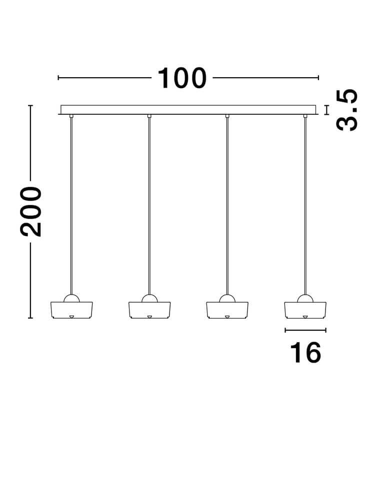 Technische Zeichnung der Keros LED Pendelleuchte 4-flammig 3000K Gold mit Abmessungen.