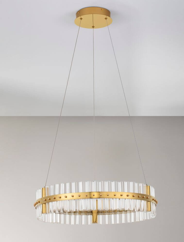 Kezo LED Pendelleuchte Ø 60cm 3000K Gold in modernem Gold-Design und klarem Glas, eleganter Look für jedes Zuhause.