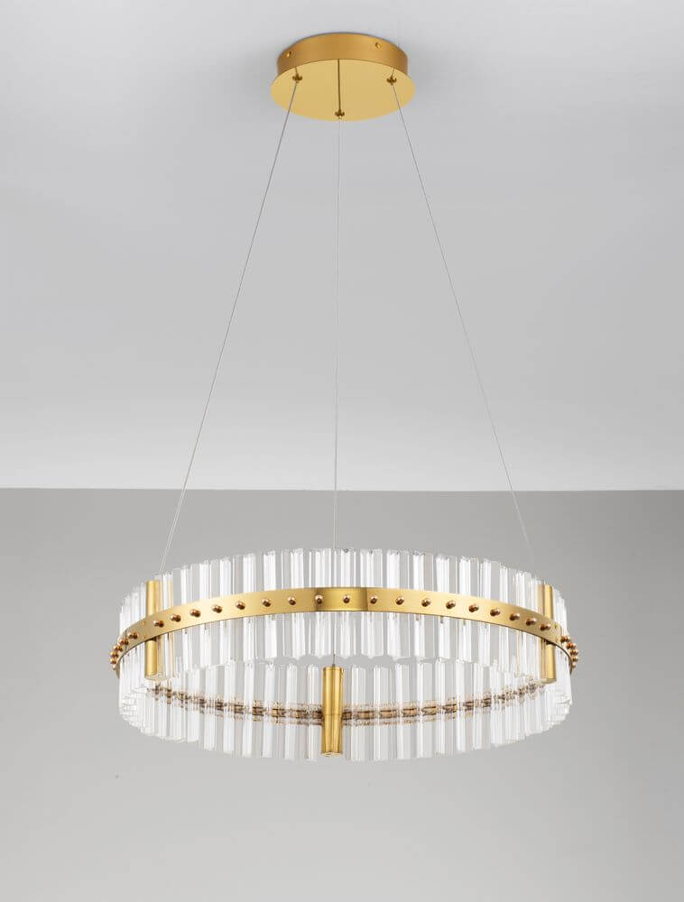 Kezo LED Pendelleuchte Ø 60cm 3000K Gold in elegantem Design mit goldfarbenem Edelstahl und klarem Glas.