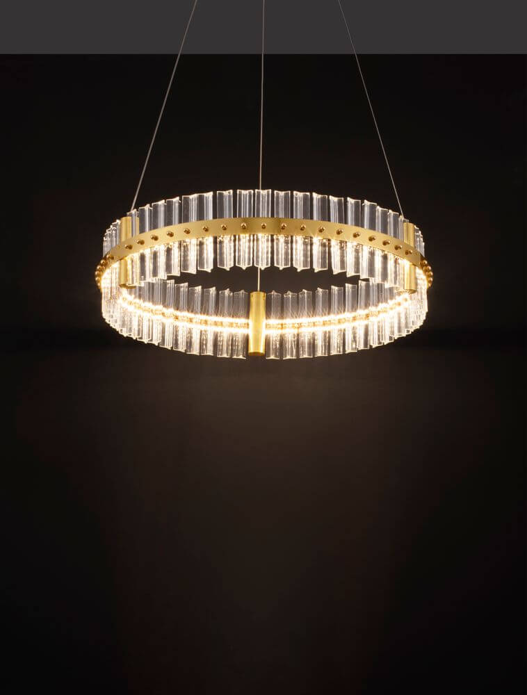 Kezo LED Pendelleuchte Ø 60cm 3000K Gold, elegante Hängeleuchte mit goldfarbenem Edelstahl und klarem Glas.