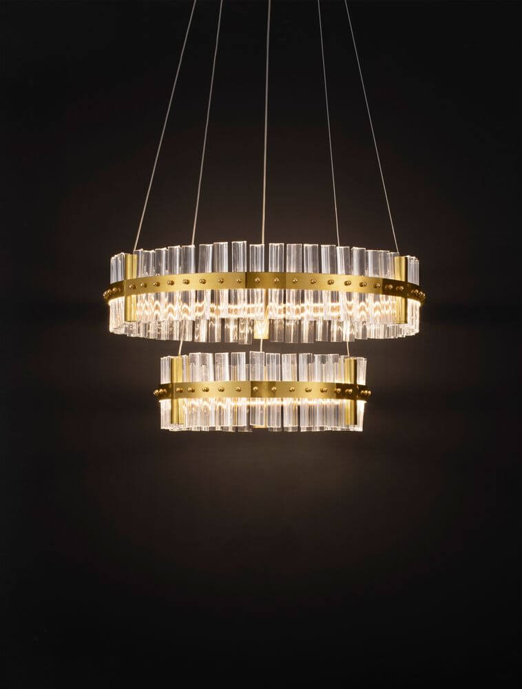 Kezo LED Pendelleuchte 2-flammig Ø 60cm 3000K Gold in elegantem Design mit Glas- und Metallakzenten.