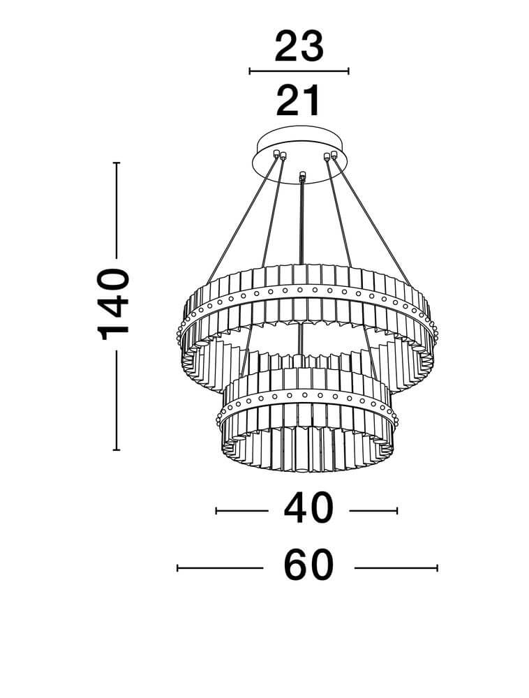 Kezo LED Pendelleuchte 2-flammig Ø 60cm 3000K Gold Maßzeichnung mit Abmessungen für modernen Lichtdesign.