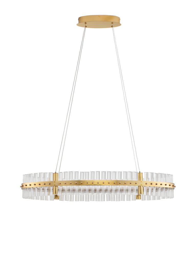 Kezo LED Pendelleuchte Oval Ø 90cm 3000K Gold mit elegantem Design und gold-transparentem Akzent.
