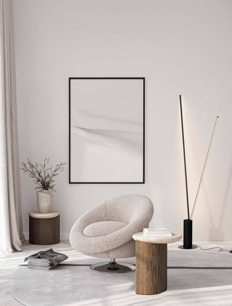 Moderne Innenraumgestaltung mit Kimolia LED Stehlampe 2-flammig Ø 22cm 3000K neben einem gemütlichen Sessel.