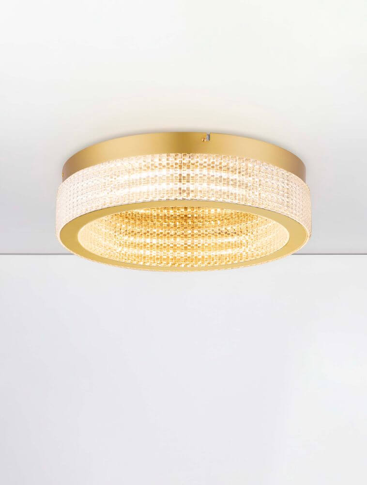 Kinara Deckenleuchte 3000K in Gold mit elegantem Design und Kristalloberfläche, ideal für stilvolle Innenräume.