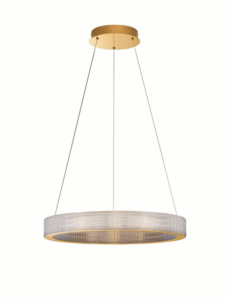 Kinara Pendelleuchte Ø 60cm 3000K Gold mit ringförmigem Aluminiumkörper und funkelnder Acryl-Optik.