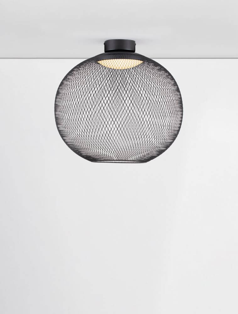 Kinetic LED Deckenleuchte mit schwarzem Drahtgeflecht, ideal für modernes Wohndesign, Durchmesser 30 cm.