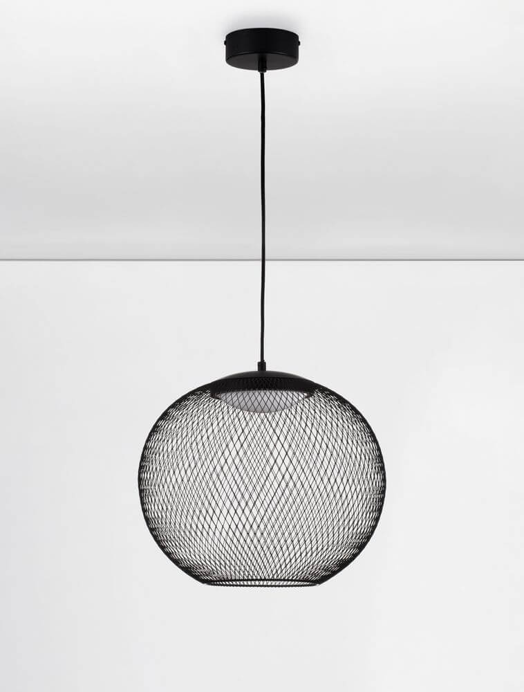 Kinetic LED Pendelleuchte 3000K Schwarz im modernen Design aus schwarzem Drahtgeflecht.
