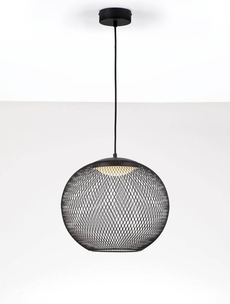 Kinetic LED Pendelleuchte 3000K Schwarz im modernen Drahtgeflecht-Design, ideal für Schlaf- und Wohnzimmer.