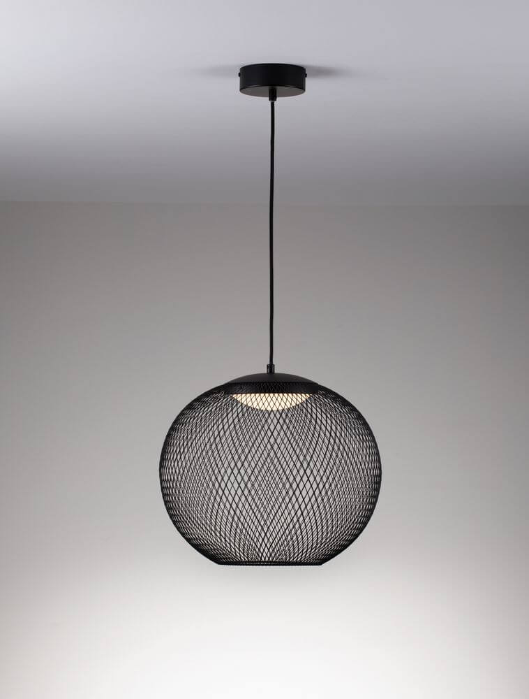 Kinetic LED Pendelleuchte 3000K Schwarz in modernem Drahtgeflecht-Design, ideal für Wohnzimmer.