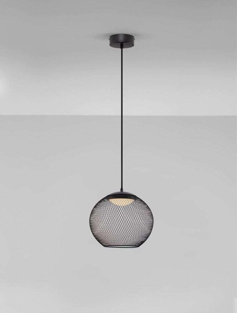 Kinetic LED Pendelleuchte 3000K Schwarz, moderne Lampe aus schwarzem Drahtgeflecht für stilvolles Wohnen.