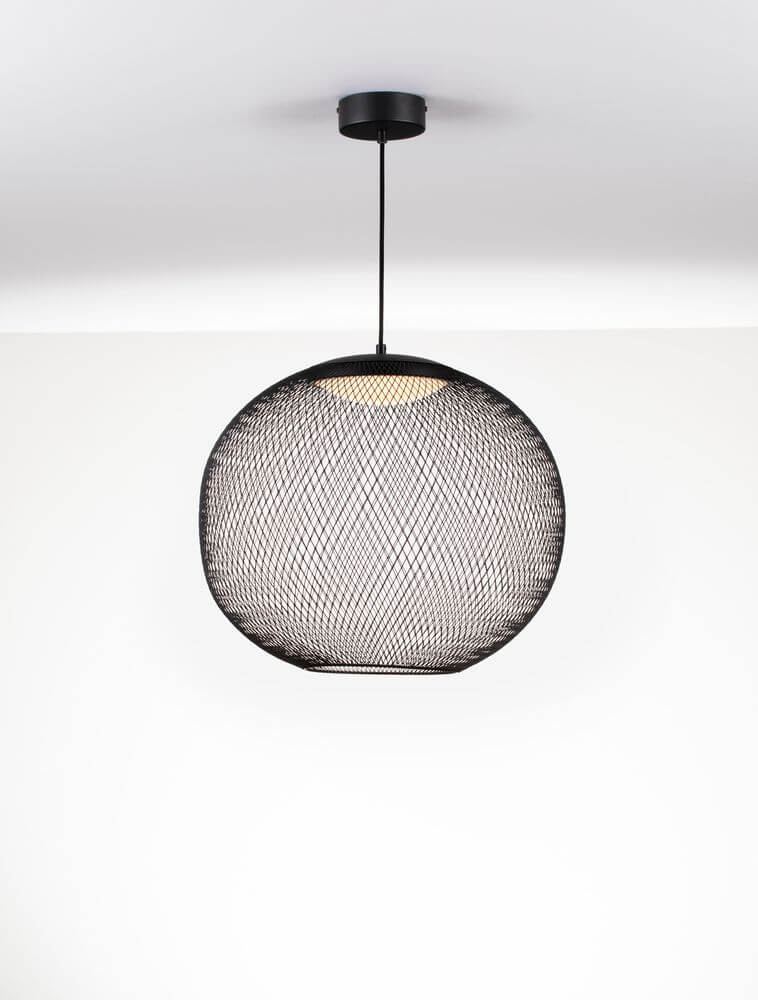Kinetic LED Pendelleuchte 3000K Schwarz in modernem Drahtgeflecht, ideal für Wohn- und Schlafzimmer.