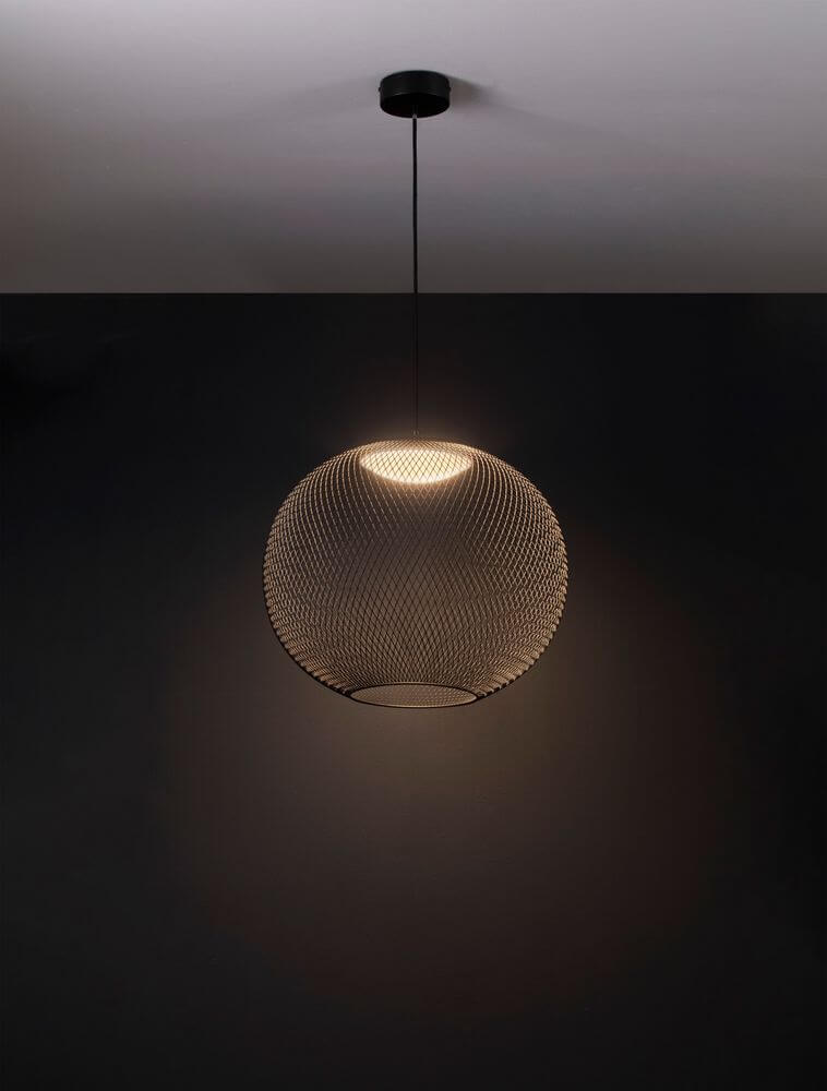 Kinetic LED Pendelleuchte 3000K Schwarz aus schwarzem Drahtgeflecht, modern und elegant für Wohnräume.