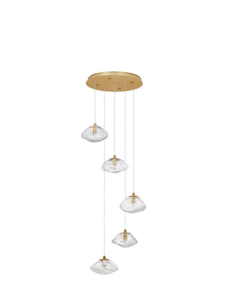King pendel 5-pære Ø 35cm guld, gennemsigtig med stilfuldt glas og metal design.