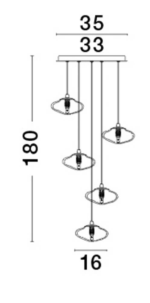 Maßzeichnung der King Pendelleuchte 5-flammig Ø 35cm Gold, Transparent mit Dimensionen.