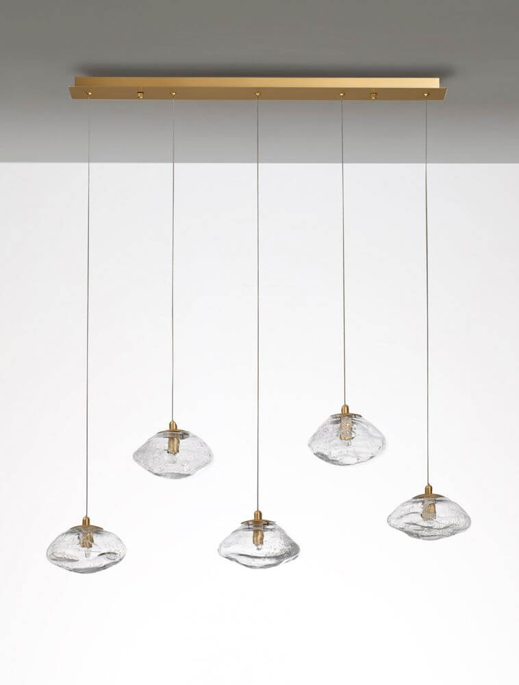 King Pendelleuchte Balken 80cm 5-flammig Gold, Transparent mit Glas und Metall für stilvolle Beleuchtung.