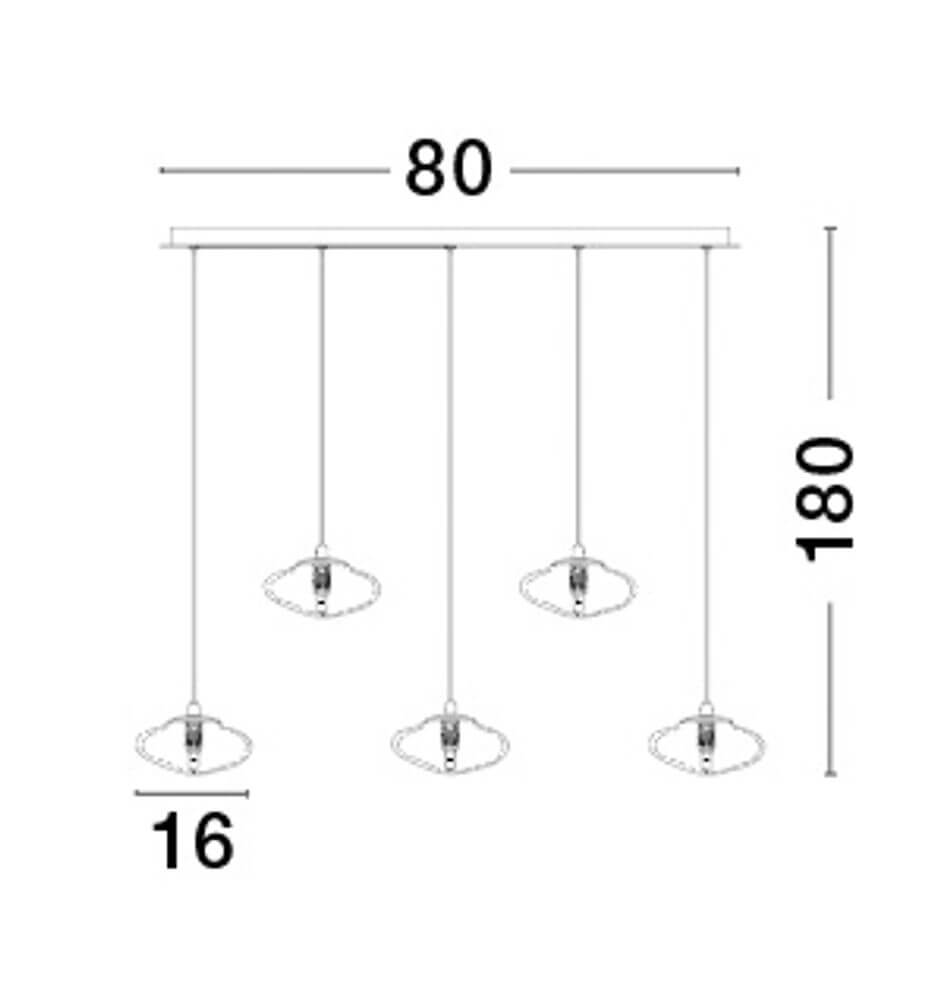 Technische Zeichnung der King Pendelleuchte Balken 80cm 5-flammig Gold, Transparent, mit Maßen.