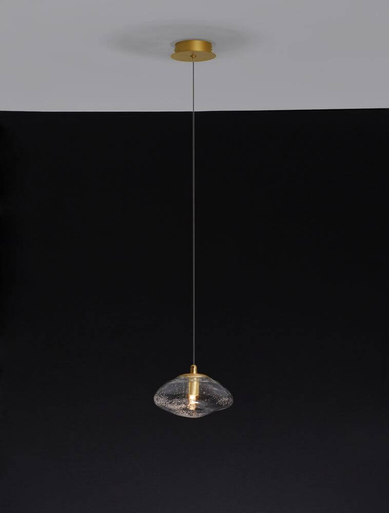 King Pendelleuchte G9 Gold, Transparent mit Blasenglas und messingfarbenem Metall.