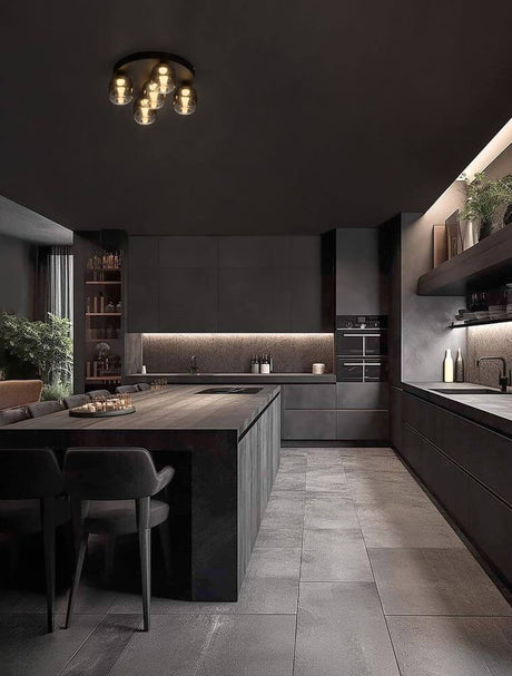 Plafonnier Kita LED 5 lumières Ø 45 cm 3000K Noir, fumé dans un intérieur de cuisine moderne.