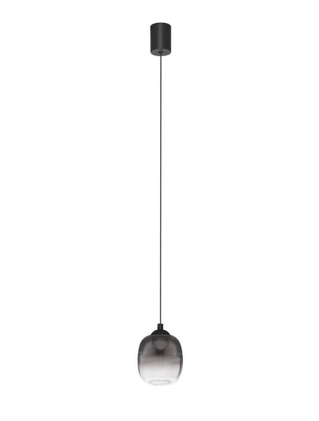 Kita LED suspension Ø 10 cm 3000K noir, fumé avec un aluminium noble mat et du verre fumé.